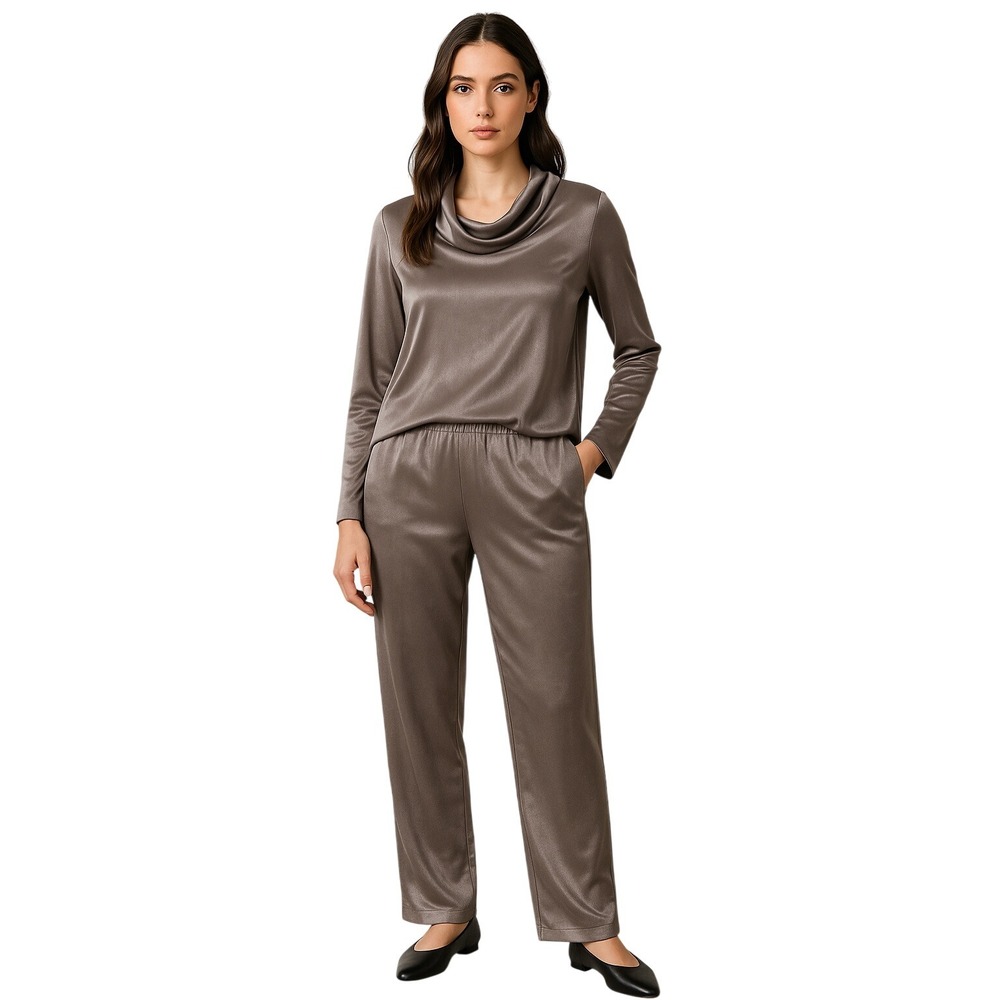 Coldwater Creek Silky Lounge Pajama Set Gray Cowl Neck Long Sleeve Pants‎ Size L